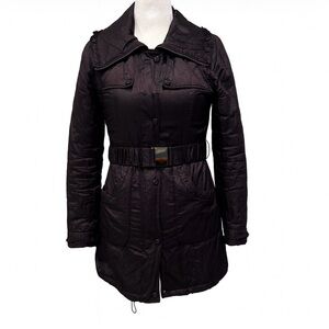 Laundry by Design Plum Ruffle Puffer Jacket Small | Lightweight Belted Coat EUC